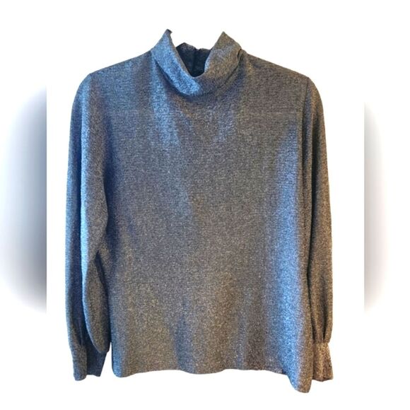 Vintage Mid Century Modern Blouse Black Silver Metallic Glitter Balloon Sleeve L - Picture 2 of 8